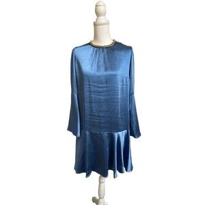 NWT Michael Kors Women's S Chain Neck Bell Sleeve Dress Drop Waist Blue $175